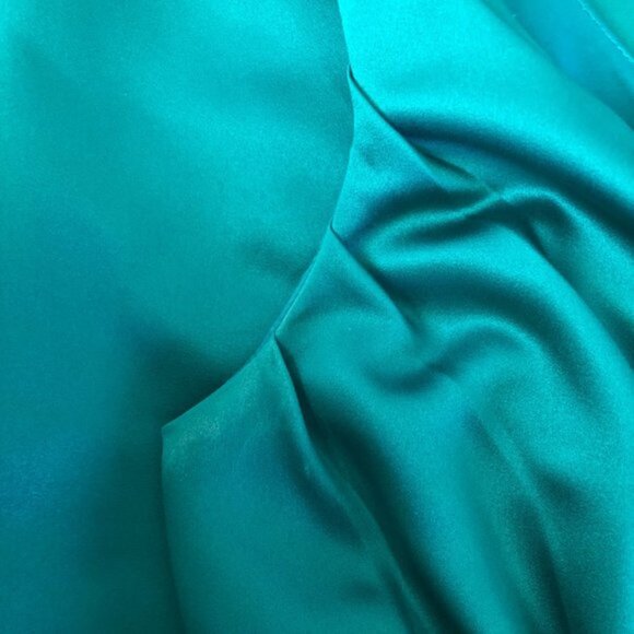 David's Bridal Teal V-Neck Sleeveless Satin Bridesmaid Dress Style #81047 - Picture 10 of 12